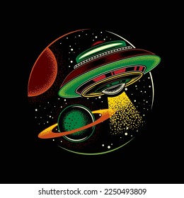 Original vector logo in neon style. Flying saucer in space on the background of planets