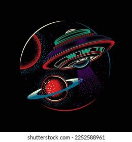 Original vector logo in neon style. Flying saucer in space on the background of planets