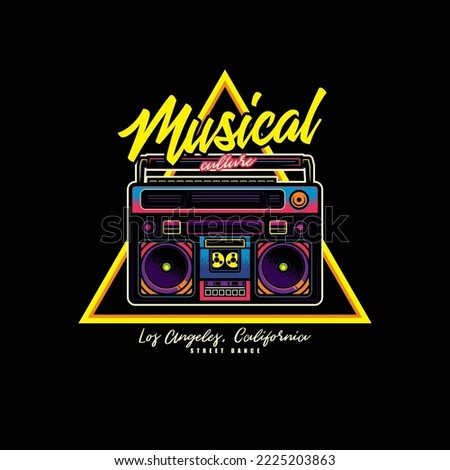 Original vector logo in neon style. An old cassette player. Boombox. T-shirt design, design element.