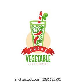 Original vector logo for organic pepper beverage. Tasty vitamin drink in transparent glass. Juice from fresh vegetables