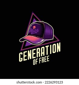 Original vector logo. Stylish baseball cap on the background of a text composition. T-shirt design