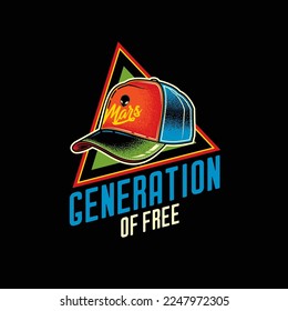 Original vector logo. Stylish baseball cap on the background of a text composition. T-shirt design
