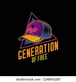 Original vector logo. Stylish baseball cap on the background of a text composition. T-shirt design