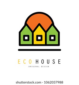 Original vector logo with three eco houses. Ecology and clean environment. Emblem for green architectural service, building company or real estate agency