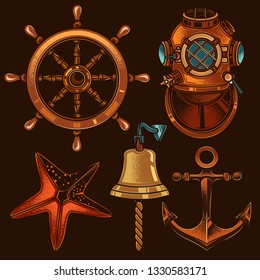 Original Vector Marine Set In Vintage Style. Anchor, Steering Wheel, Starfish, Diving Helmet, Sea Bell