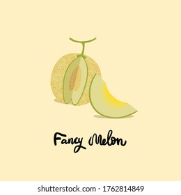 Original vector melon illustration. Yellow ripe melon on light background. Textured menons, juice japanese fruit. One lobule and the whole fruit.