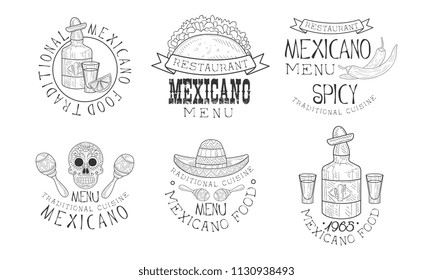 Original vector Mexican logos for restaurants. Monochrome emblems with traditional food and drink, maracas and skull