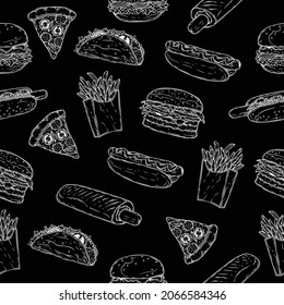 Original vector monochrome seamless fast food pattern of white outlines on a black background. A design element.