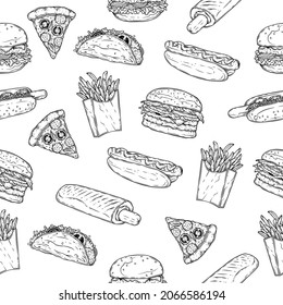 Original vector monochrome seamless pattern of fast food on a white background. A design element.