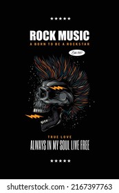 Original vector music poster in vintage style. A skull with an open mouth and a punk rock hairstyle.