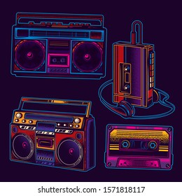 Original vector music set in retro style. Boombox, music player, audio cassette.