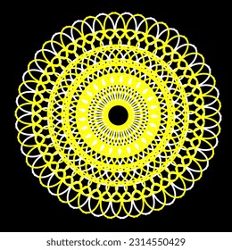 Original vector pattern in the form of a mandala of yellow and white flowers located in a circle on a black background