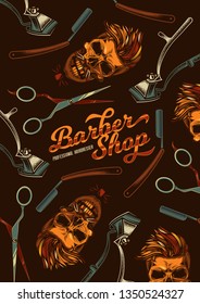 Original vector poster barbershop in vintage style. Skull with a mustache and hairdo, hairdresser tools