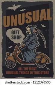 Original vector poster. Skeleton with a scythe riding a scooter. Poster design.