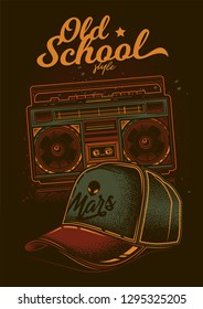 Original vector poster in vintage style. Cassette recorder and baseball caps