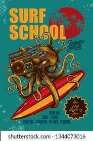 Original vector poster in vintage style octopus with glasses, Boombox and surfing in hands.