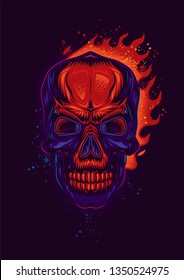 Original vector poster in vintage style. Stylized neon skull on the background of bright fire