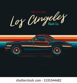 Original vector poster in vintage style. Retro car on the background of bright stripes.