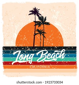 Original vector poster in vintage style. Palm trees on the background of the sun.