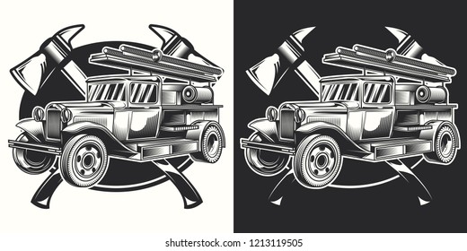 Original vector print. Fire truck emblem on dark and white background.
