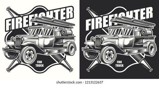 Original vector print. Fire truck emblem on dark and white background.