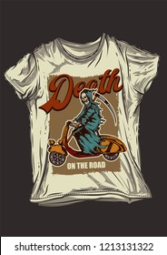 Original vector print. Skeleton with a scythe riding a scooter. T-shirt design.