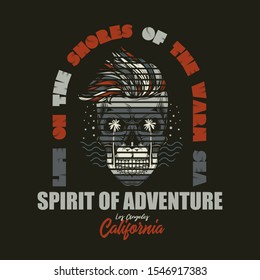 Original vector print for t-shirt in abstract style. Sea, sunset, beach and palm trees. Skull hipster.