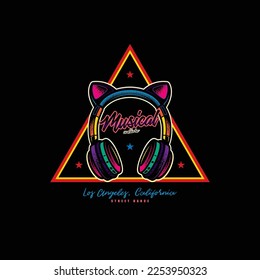 Original vector retro emblem. The icon of full-size wireless stereo headphones with ears. T-shirt design. A design element.
