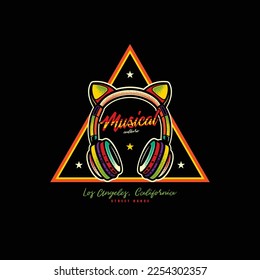 Original vector retro emblem. The icon of full-size wireless stereo headphones with ears. T-shirt design. A design element.