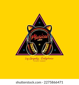 Original vector retro emblem. The icon of full-size wireless stereo headphones with ears. T-shirt design. A design element.