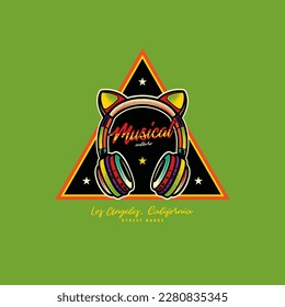 Original vector retro emblem. The icon of full-size wireless stereo headphones with ears. T-shirt design. A design element.
