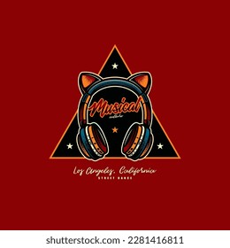 Original vector retro emblem. The icon of full-size wireless stereo headphones with ears. T-shirt design. A design element.