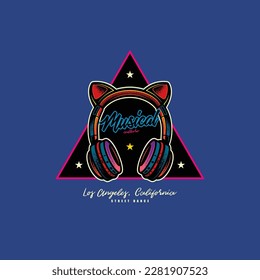 Original vector retro emblem. The icon of full-size wireless stereo headphones with ears. T-shirt design. A design element.
