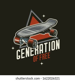 Original vector retro emblem. Vintage skateboard on the background of a text composition. T-shirt design