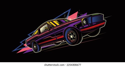 Original vector retro print car on abstract background rides on road. The American muscle car. T-shirt design