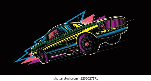 Original vector retro print car on abstract background rides on road. The American muscle car. T-shirt design