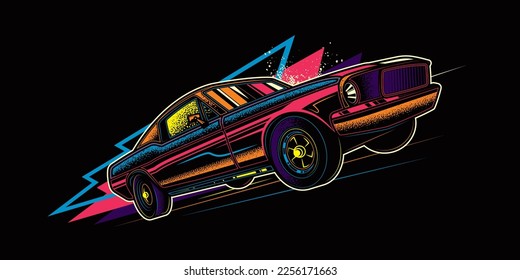 Vehículo original retro vectorial sobre viajes abstractos de fondo en carretera. El auto muscular americano. Diseño de camisetas