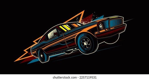 Original vector retro print car on abstract background rides on road. The American muscle car. T-shirt design