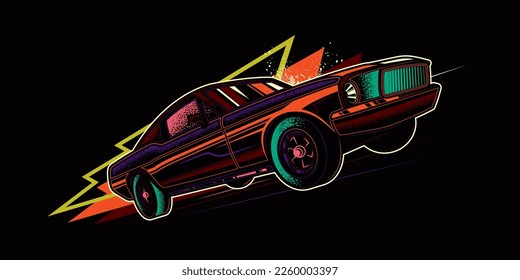 Original vector retro print car on abstract background rides on road. The American muscle car. T-shirt design