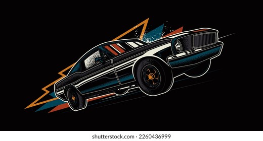 Original vector retro print car on abstract background rides on road. The American muscle car. T-shirt design