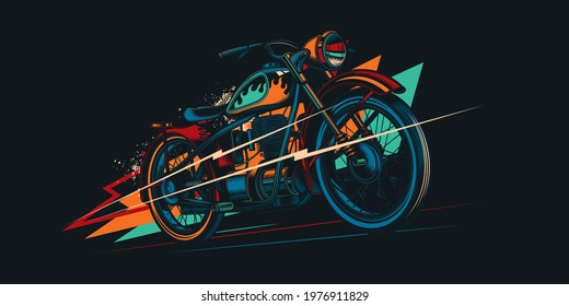 Original vector retro print motorcycle on abstract background rides on road. American motorcycle custom made. T-shirt Design