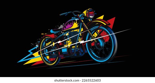 Original vector retro print motorcycle on abstract background rides on road. American motorcycle custom made. T-shirt Design