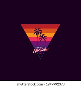 Original vector retro print of a palm tree on the background of a triangular sunset. T-shirt design.