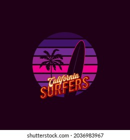 Original vector retro print with a palm tree and a surfboard, on the background of a sunset in the style of the 80s.