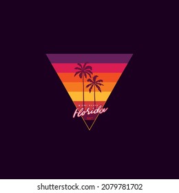 Original vector retro print of a palm tree on the background of a triangular sunset. T-shirt design.