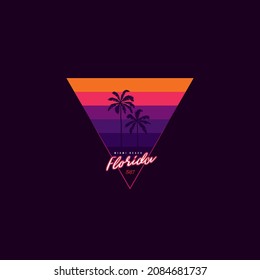 Original vector retro print of a palm tree on the background of a triangular sunset. T-shirt design.