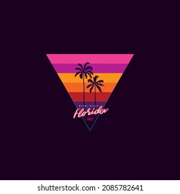 Original vector retro print of a palm tree on the background of a triangular sunset. T-shirt design.