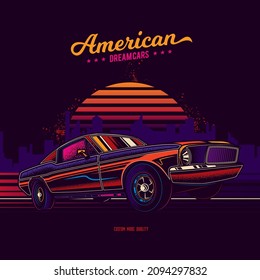 Original vector retro print. Vintage car on the background of the city. American muscle car. T-shirt design