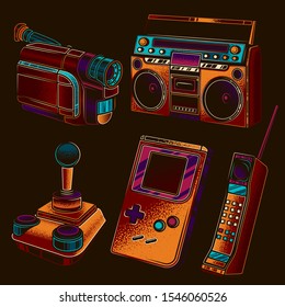 Original vector retro set of illustrations in the style of the 80s and 90s.