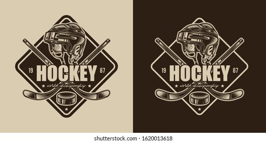 Original vector retro sports emblem. Hockey helmet on the background of sticks and pucks.
